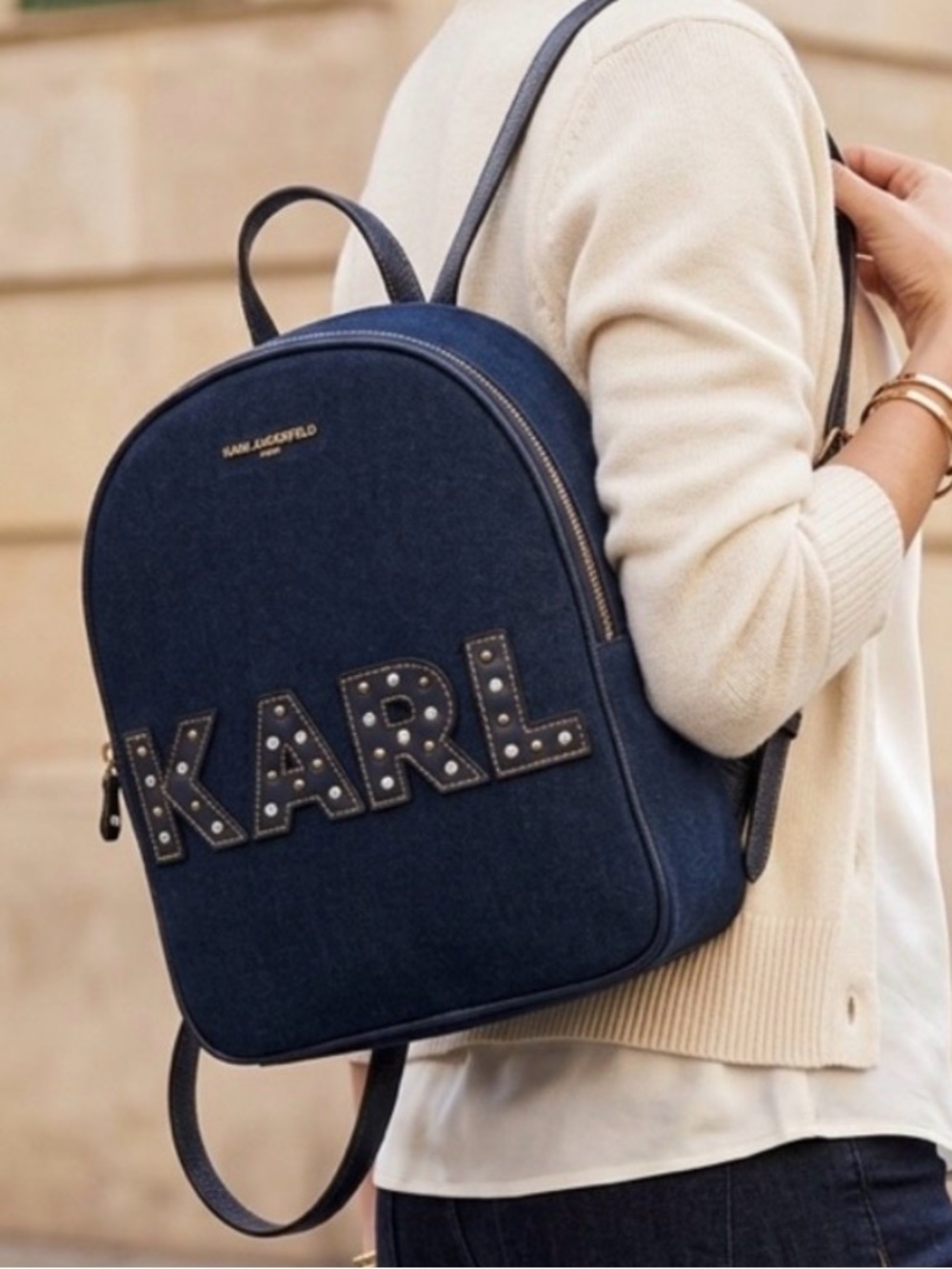 Karl Lagerfeld Paris Navy Denim Studded KARL Backpack NWT